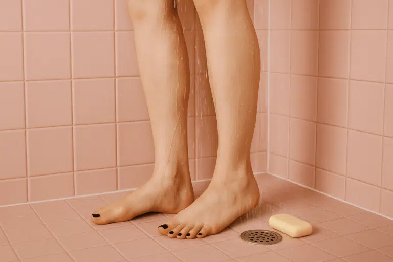 femme en train de prendre sa douche faire pipi uriner dans la douche