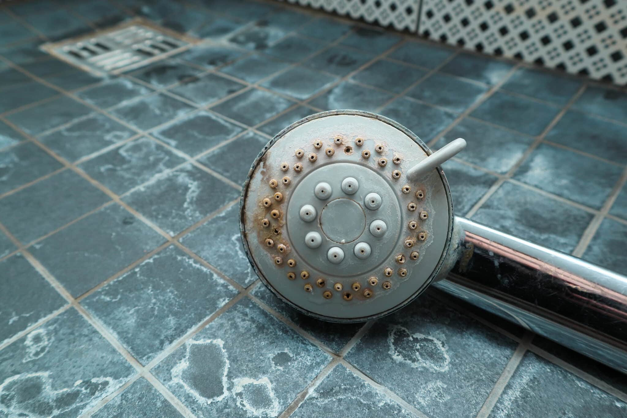 Pommeau de douche chromé sale avec calcaire tartre maison