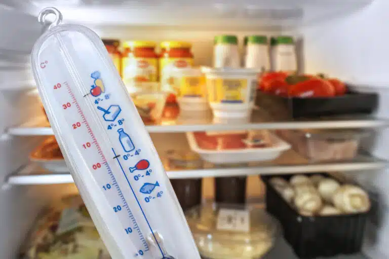 Thermom&egrave;tre devant le r&eacute;frig&eacute;rateur ouvert temp&eacute;rature cong&eacute;lateur frigo