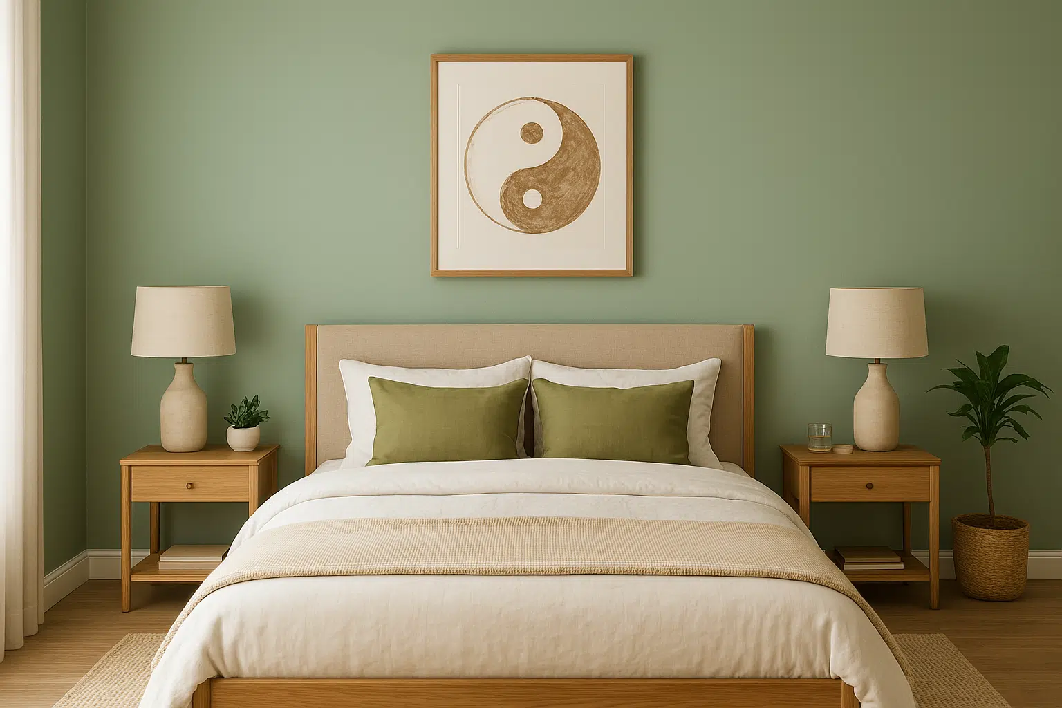 chambre lit Feng shui d&eacute;coration int&eacute;rieure peinture vert sauge