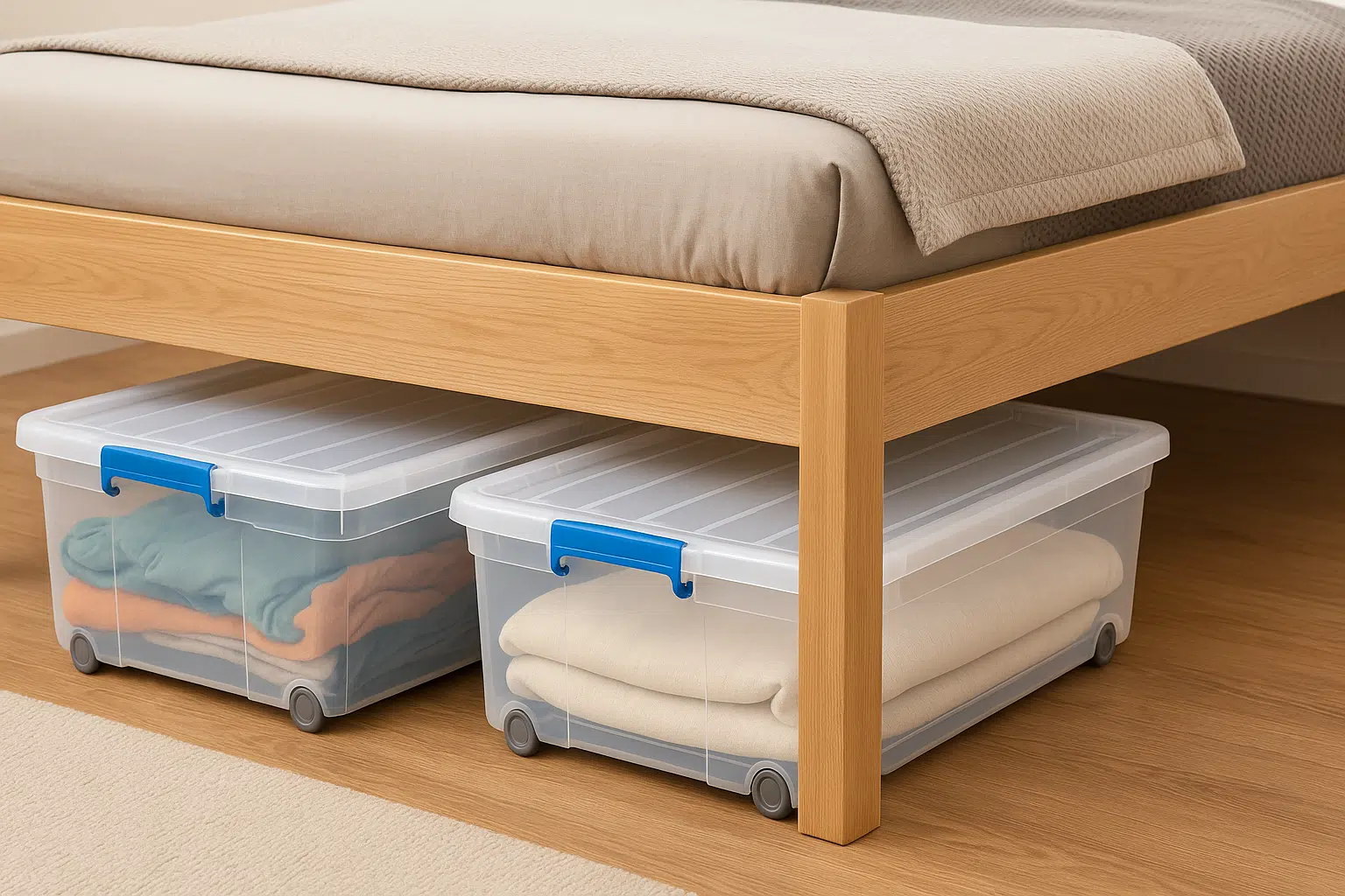 dessous de lit d&eacute;sordre bazar rangement sous le lit bo&icirc;tes de rangement en plastique