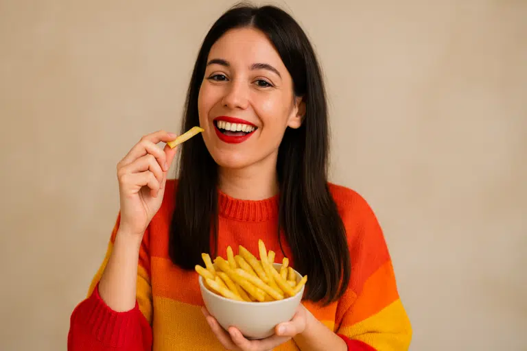 femme mange des frites
