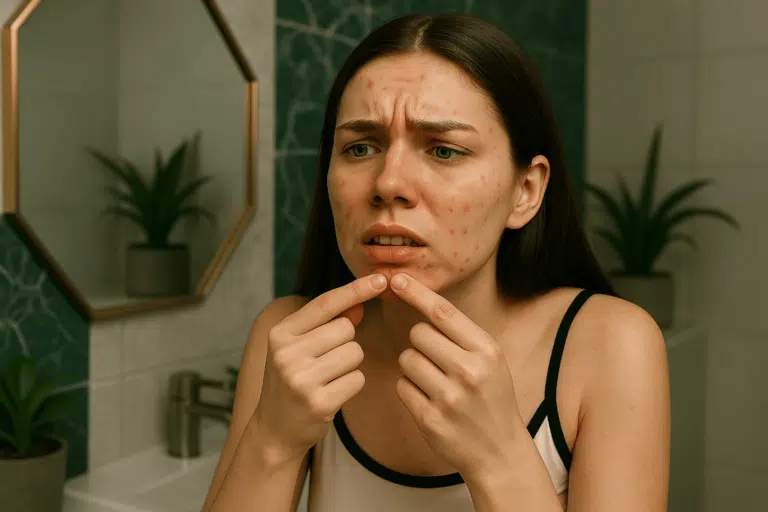 femme acn&eacute; boutons imperfections percer un bouton