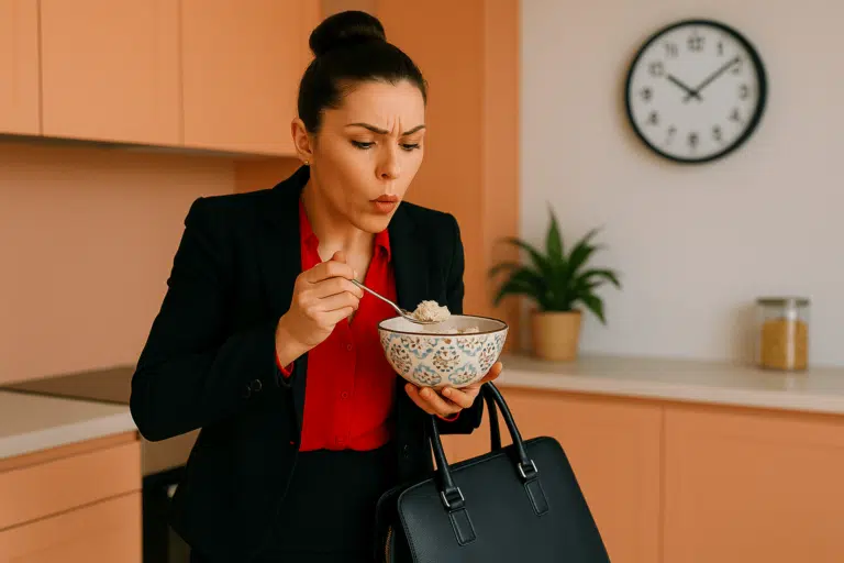 femme d'affaires petit d&eacute;jeuner matin press&eacute; retard