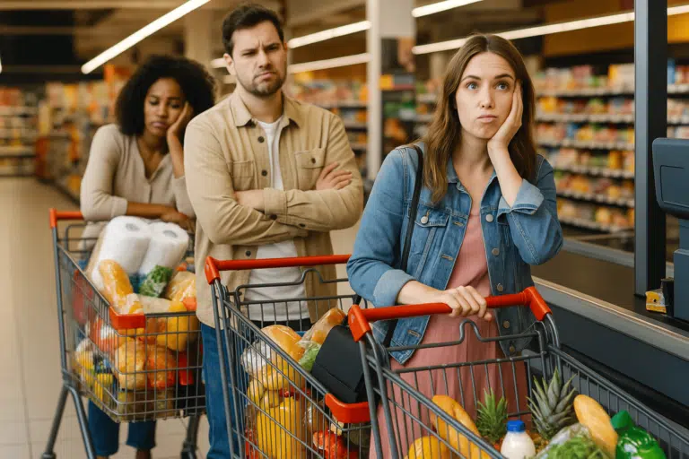 file du supermarch&eacute; attente magasin courses perdre patience s'&eacute;nerver attendre avec son caddie