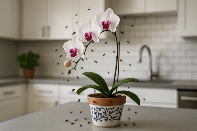 mouches autour d'une orchid&eacute;e plantes qui attirent les moucherons