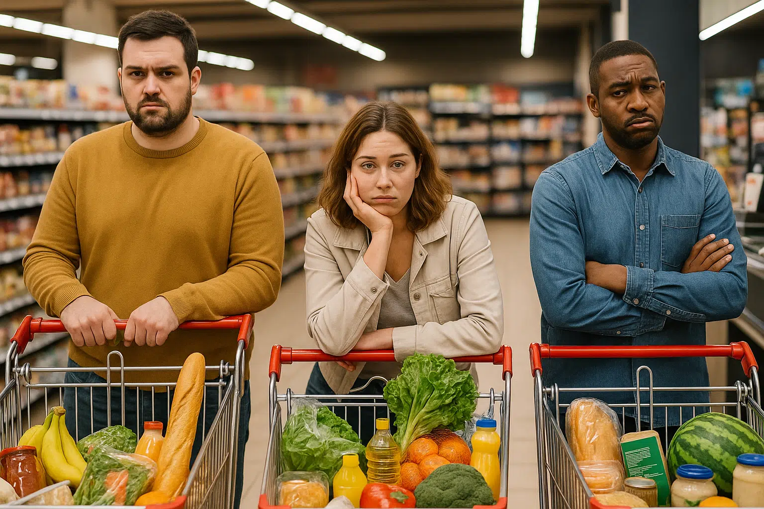 personnes qui attendent dans la file du supermarch&eacute; attente magasin courses