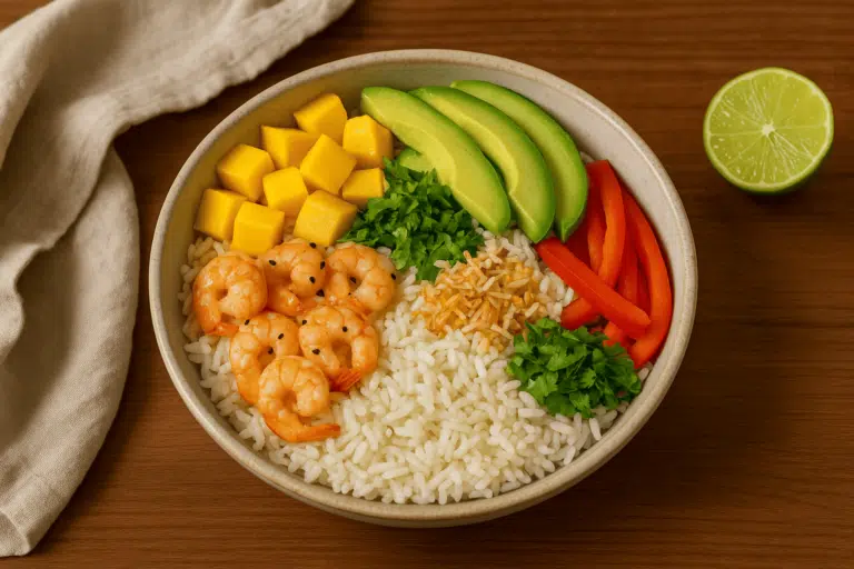 Salade de riz coco-crevettes et mangue