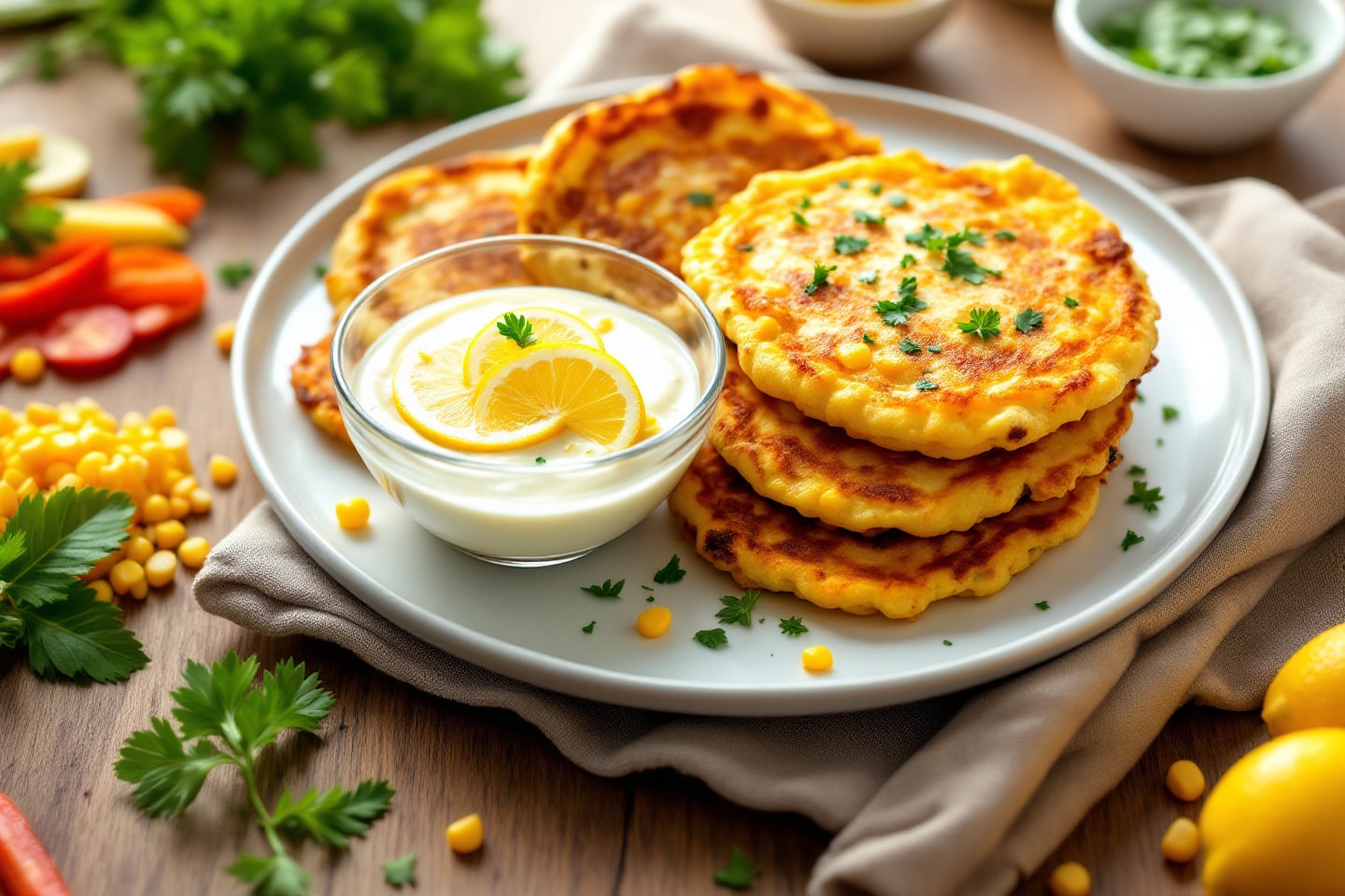 Galettes de maïs aux légumes croustillantes et dorées, et sauce