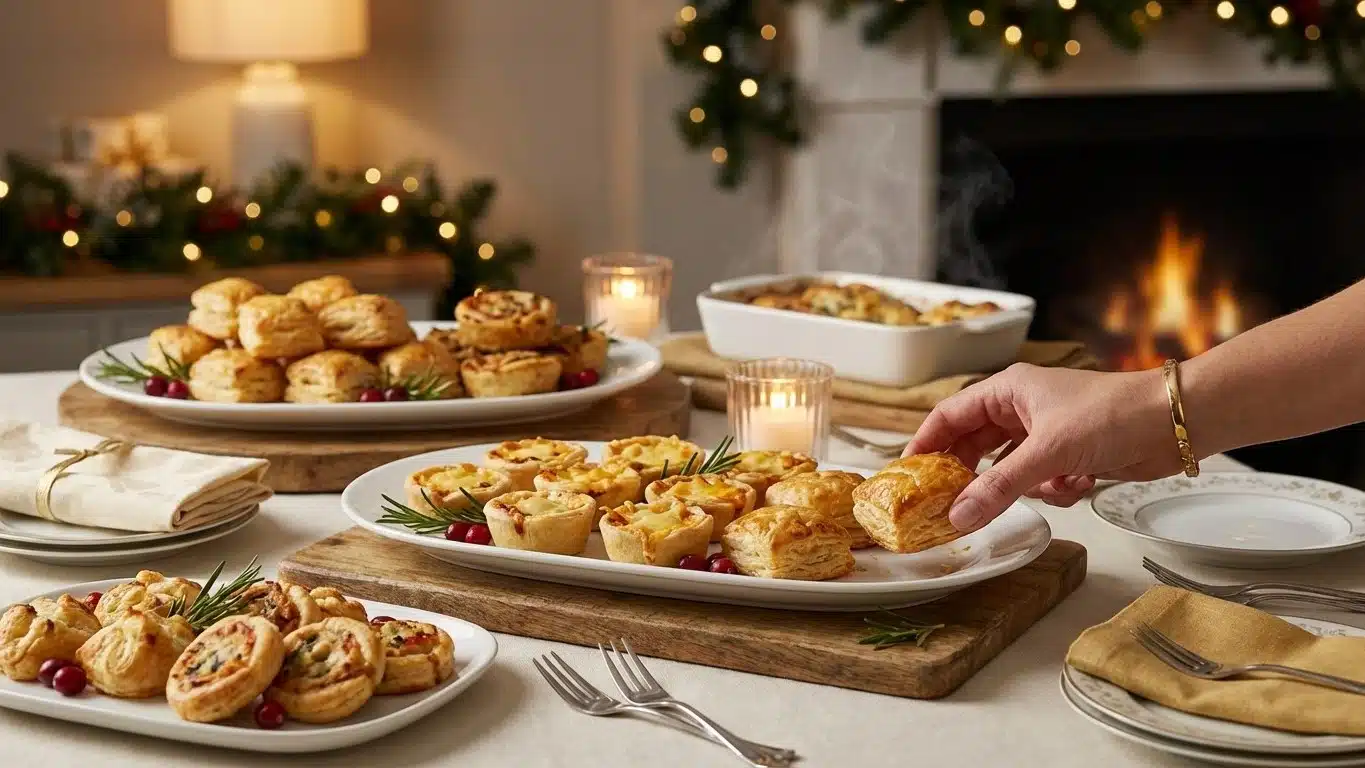Ap&eacute;ritif de No&euml;l chaud pour buffet : feuillet&eacute;s, bouch&eacute;es au four et mini quiches (timing et astuces)