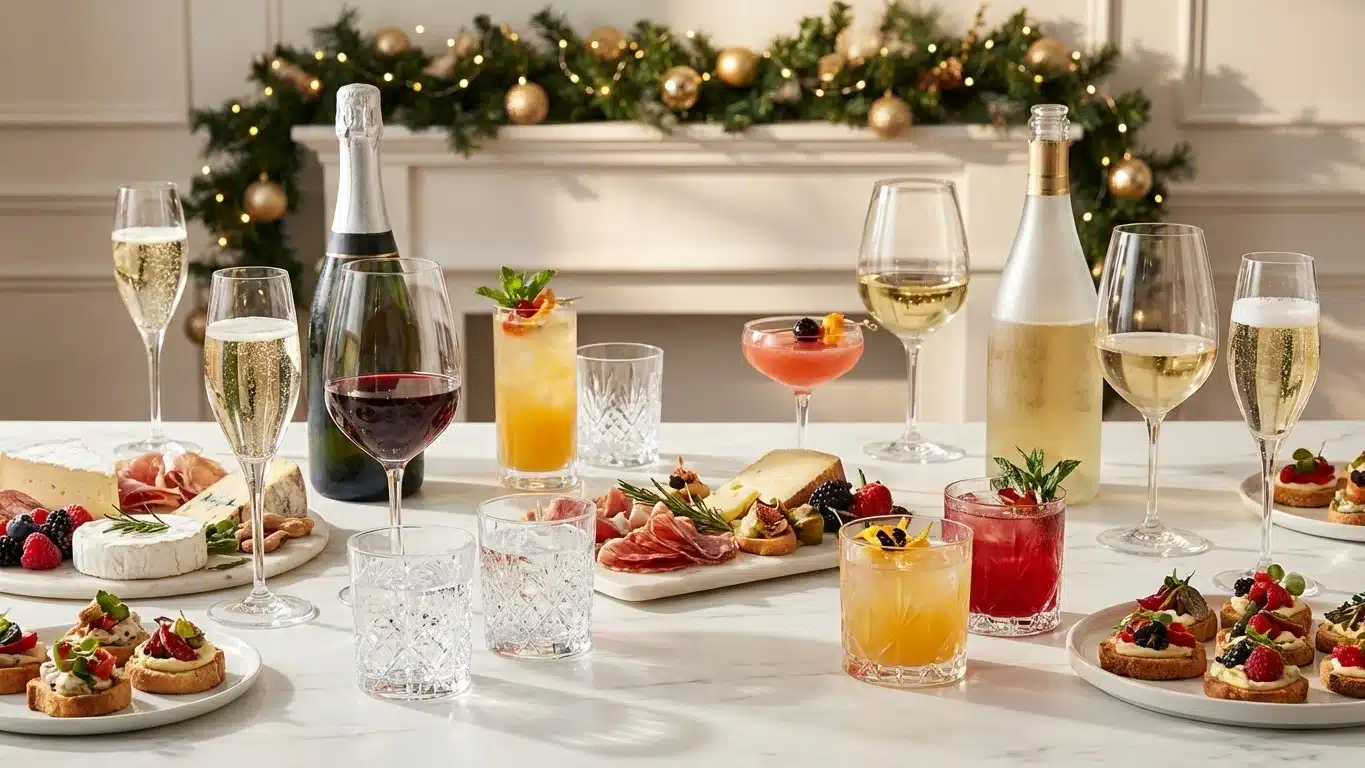 Boissons pour ap&eacute;ritif de No&euml;l : combien pr&eacute;voir et quoi servir avec un buffet (avec et sans alcool)