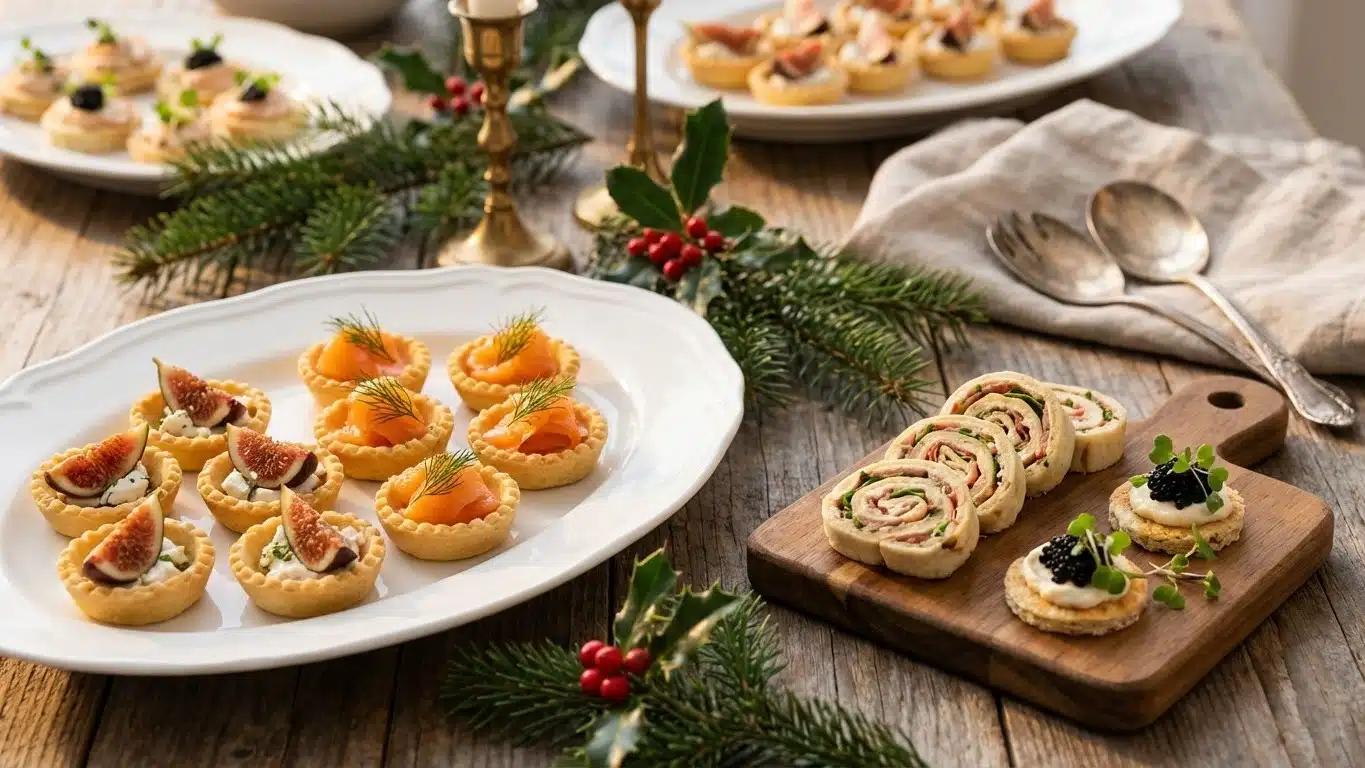 Bouch&eacute;es ap&eacute;ritives de No&euml;l pour buffet : mini tartelettes, roul&eacute;s et canap&eacute;s en version f&ecirc;te