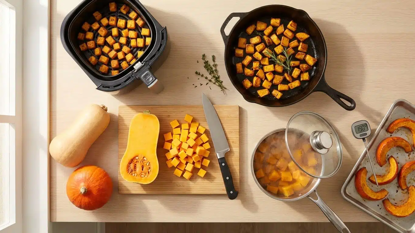 Cuisson butternut et potiron : temps, temp&eacute;ratures et m&eacute;thodes (four, vapeur, po&ecirc;le, airfryer)