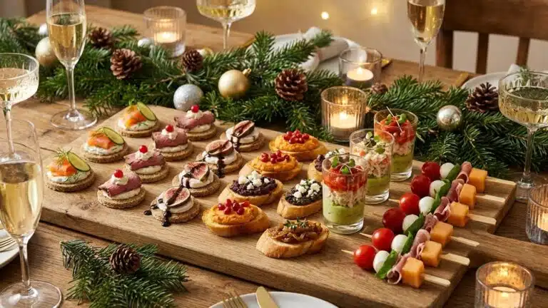 Formats buffet ap&eacute;ritif de No&euml;l : canap&eacute;s, toasts, verrines et brochettes (recettes + id&eacute;es de pr&eacute;sentation)