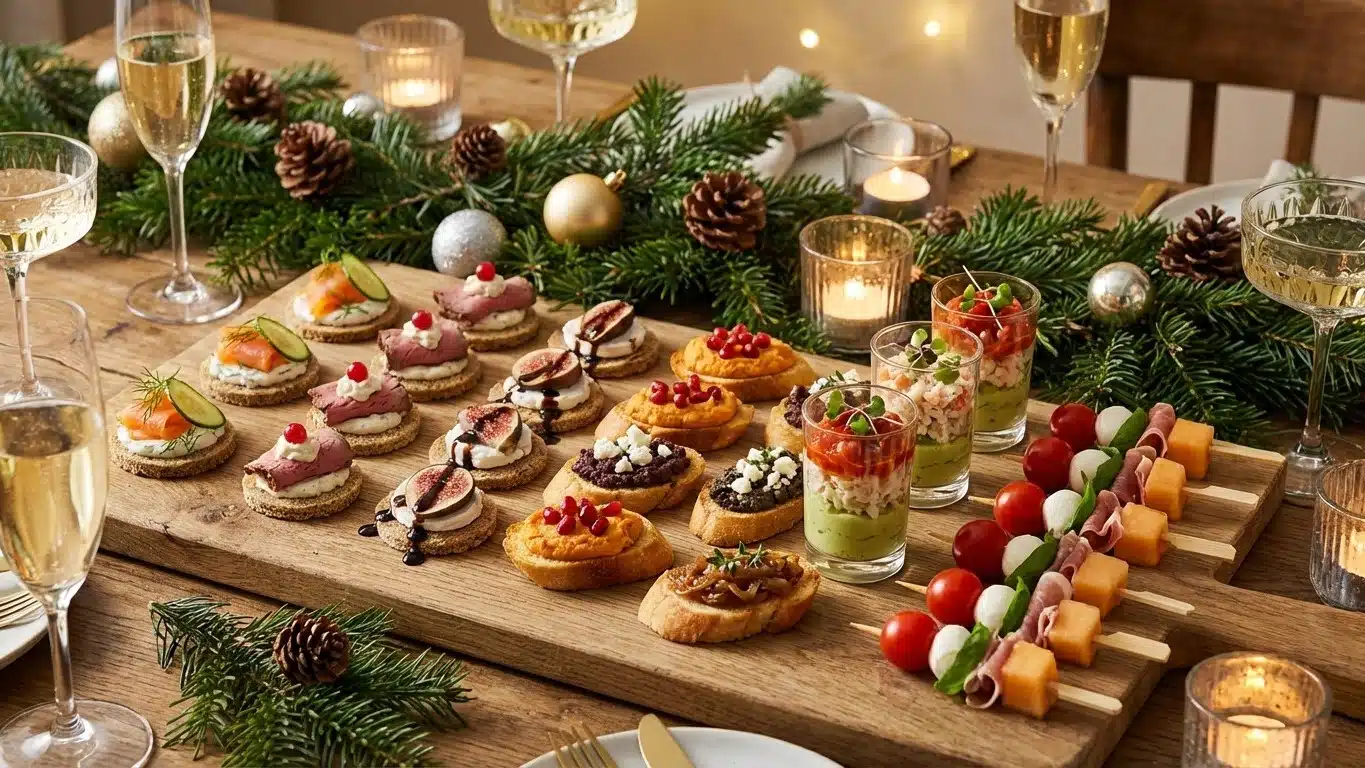 Formats buffet ap&eacute;ritif de No&euml;l : canap&eacute;s, toasts, verrines et brochettes (recettes + id&eacute;es de pr&eacute;sentation)