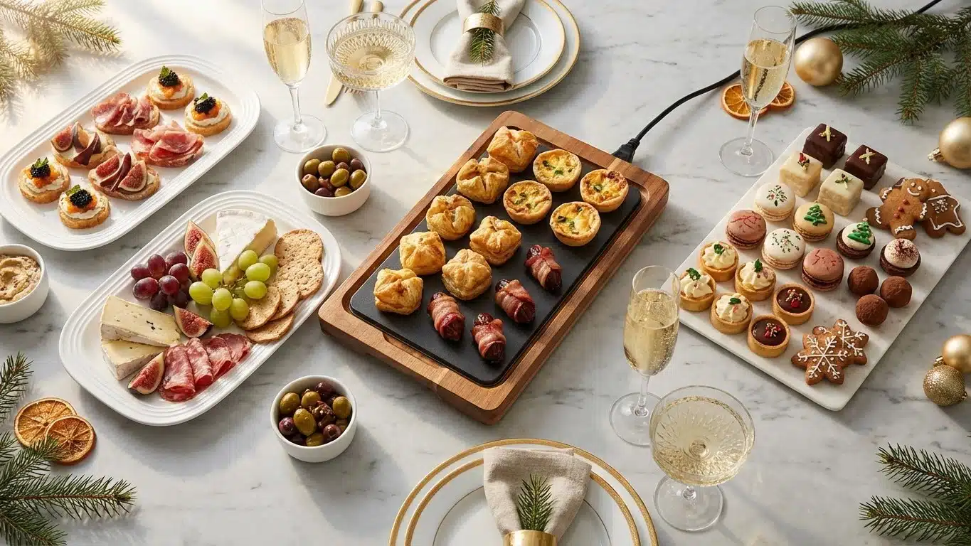 Menu ap&eacute;ritif d&icirc;natoire de No&euml;l fa&ccedil;on buffet : 3 menus complets (classique, chic, petit budget)