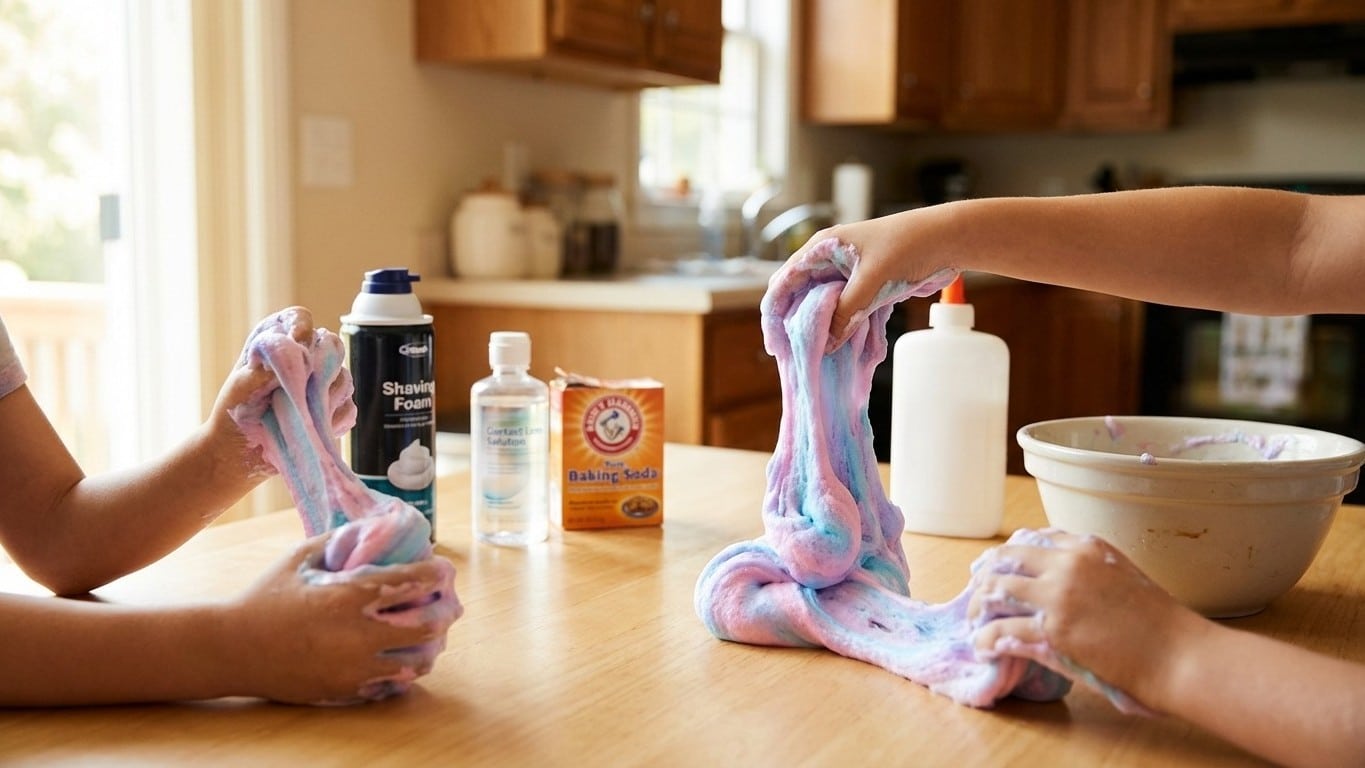 Slime fluffy facile : recette avec mousse &agrave; raser (sans borax)