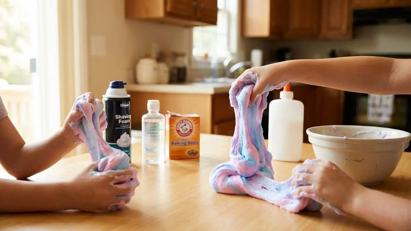 Slime fluffy facile : recette avec mousse &agrave; raser (sans borax)