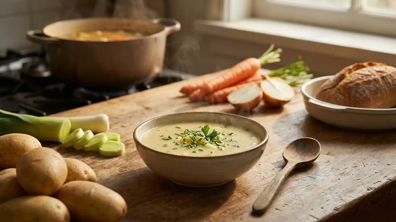 Soupe de pommes de terre : recette &eacute;conomique et variations (poireau, carotte, fromage)