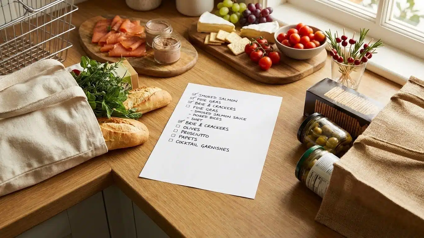 Liste de courses pour buffet ap&eacute;ritif de No&euml;l : quantit&eacute;s, budget et alternatives