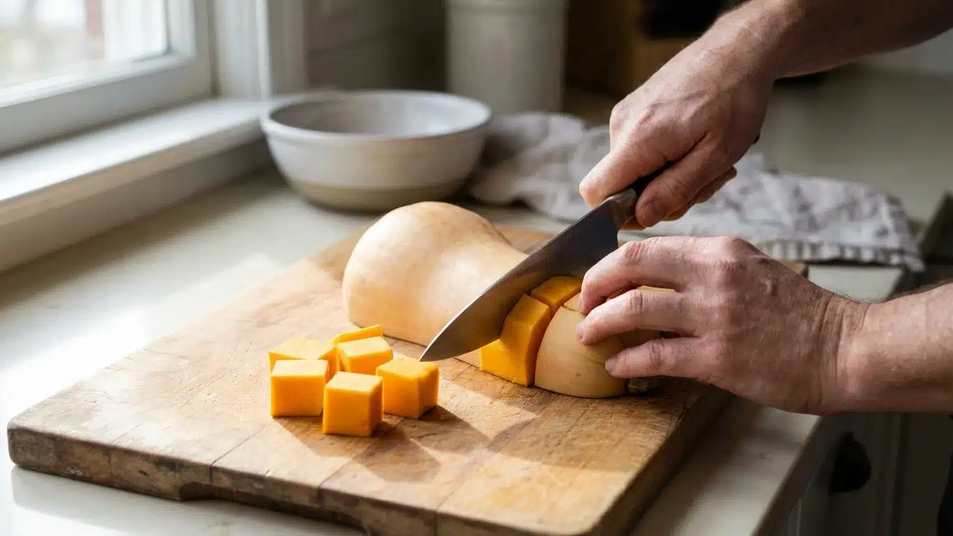 Comment couper une courge butternut en d&eacute;s r&eacute;guliers (sans gal&eacute;rer)