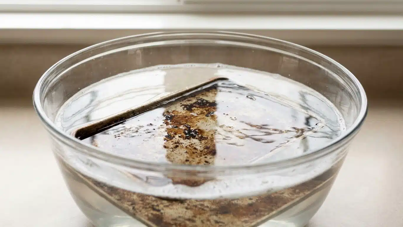Fini de gratter la l&egrave;chefrite incrust&eacute;e de graisse cuite : depuis que je la laisse tremper dans ce bain une nuit, plus rie...
