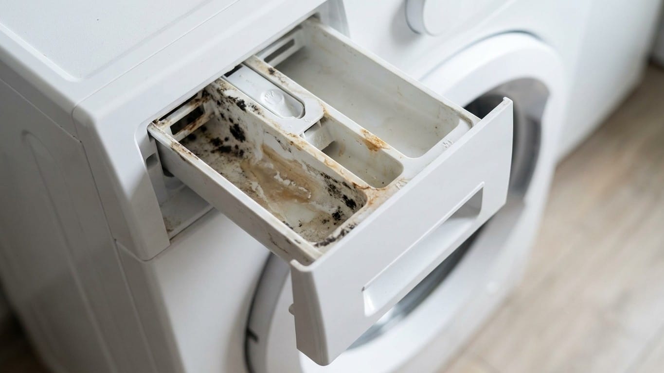 Fini le linge qui ressort avec une odeur bizarre : ce bac que personne ne retire cache un d&eacute;p&ocirc;t gras qui recontamine toute...