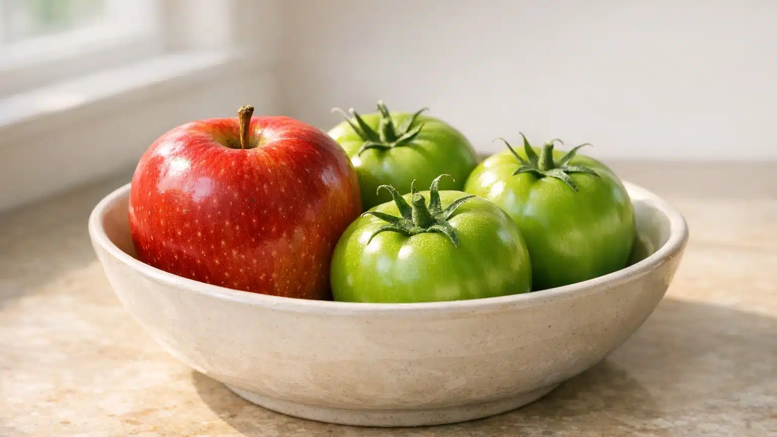 Mes tomates restaient vertes pendant des jours : le jour o&ugrave; ma grand-m&egrave;re a pos&eacute; ce fruit dans la coupelle, elles ont m&ucirc;ri...