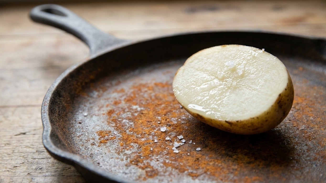Fini la paille de fer qui raye la fonte rouill&eacute;e : ce l&eacute;gume que vous avez d&eacute;j&agrave; en cuisine d&eacute;rouille la lame sans frotter