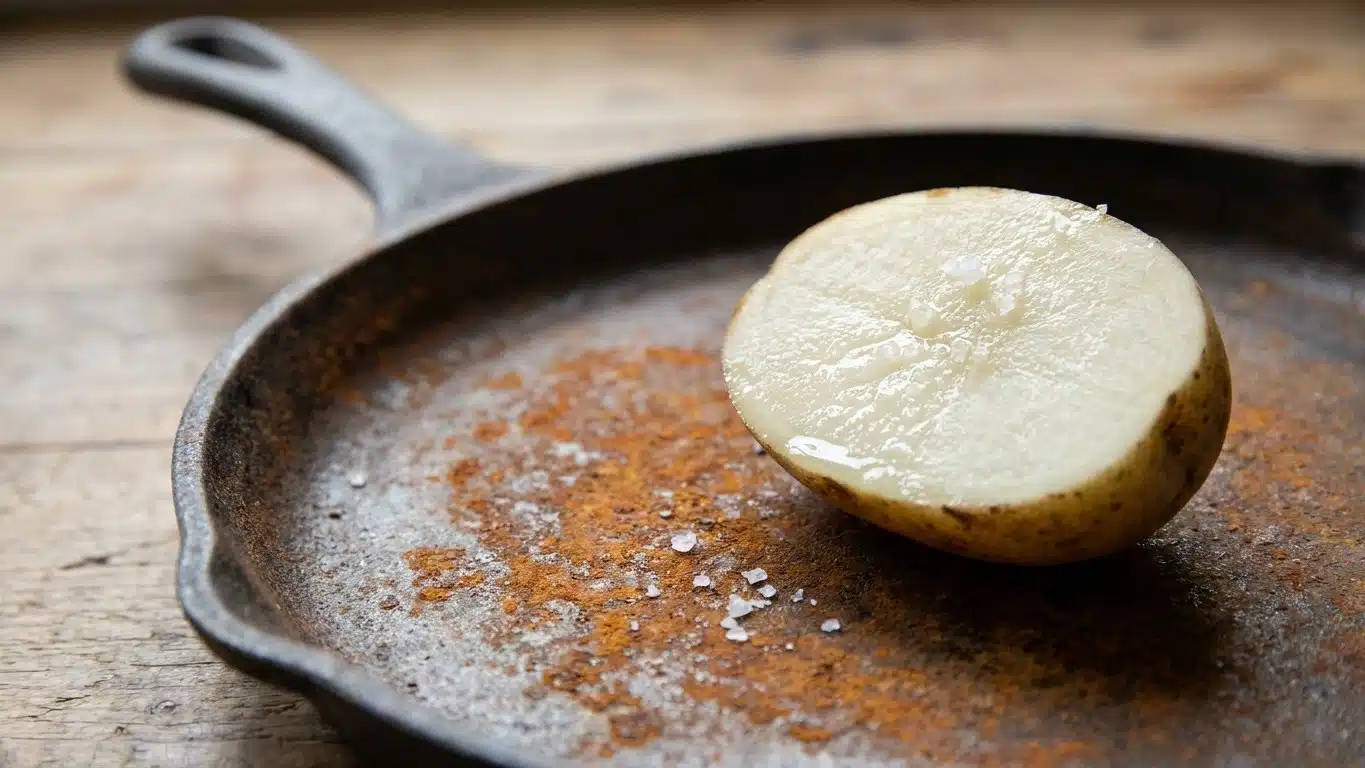 Fini la paille de fer qui raye la fonte rouill&eacute;e : ce l&eacute;gume que vous avez d&eacute;j&agrave; en cuisine d&eacute;rouille la lame sans frotter