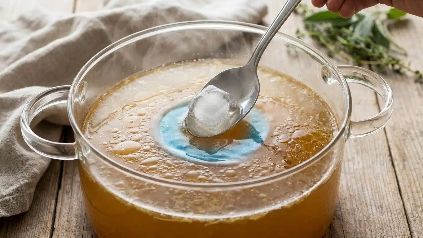 Je chassais le gras de mon bouillon &agrave; l'&eacute;cumoire pendant de longues minutes : depuis que je passe un gla&ccedil;on &agrave; la surface, ...