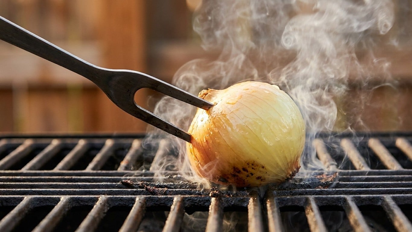 Mon beau-p&egrave;re frotte toujours sa grille de barbecue encore chaude avec un demi-oignon et ce n'est pas pour parfumer la viande
