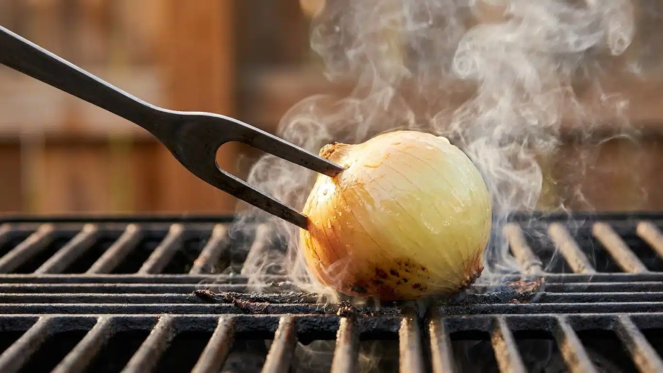 Mon beau-p&egrave;re frotte toujours sa grille de barbecue encore chaude avec un demi-oignon et ce n'est pas pour parfumer la viande