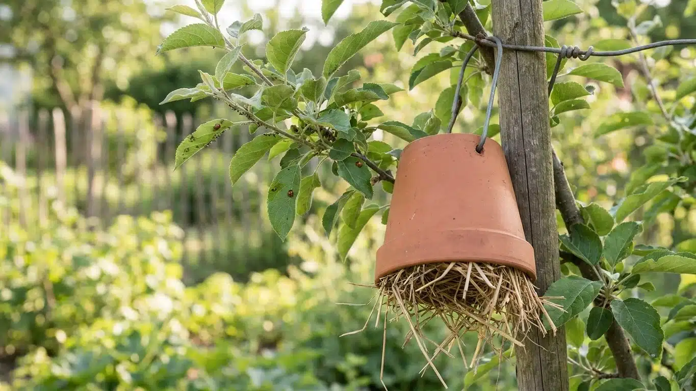 Mon voisin accroche toujours un pot en terre cuite rempli de paille &agrave; l'envers sur un piquet pr&egrave;s de ses fruitiers et ce n...