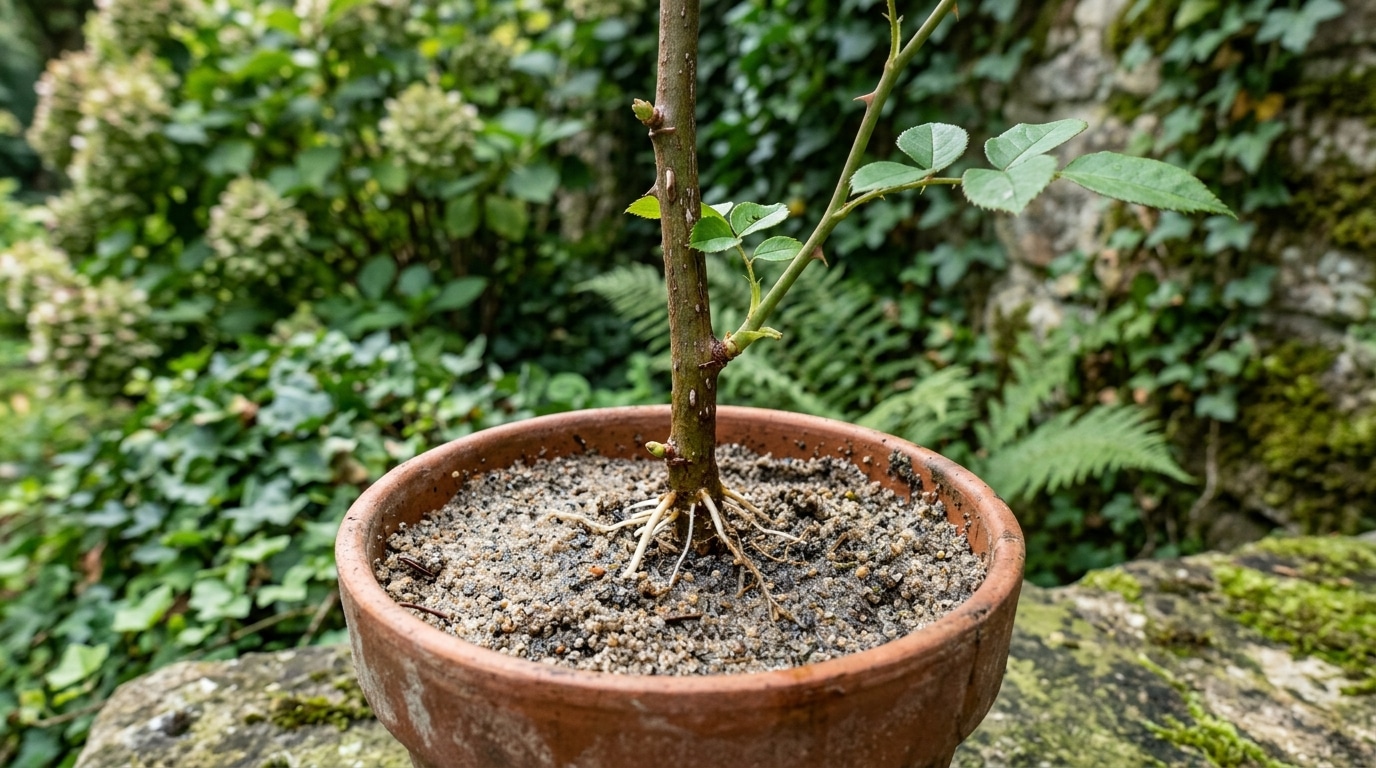 À la mi-septembre, ce simple pot laissé à l’ombre fait raciner les boutures de rosier