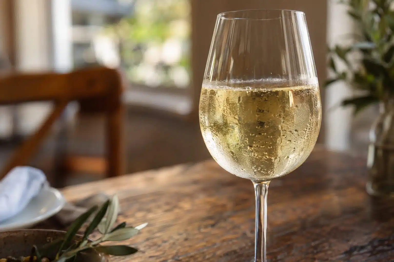 Un verre de vin blanc p&eacute;tillant avec des gouttelettes de condensation, pos&eacute; sur une table en bois, montrant la couleur claire et l'acidit&eacute; du breuvage