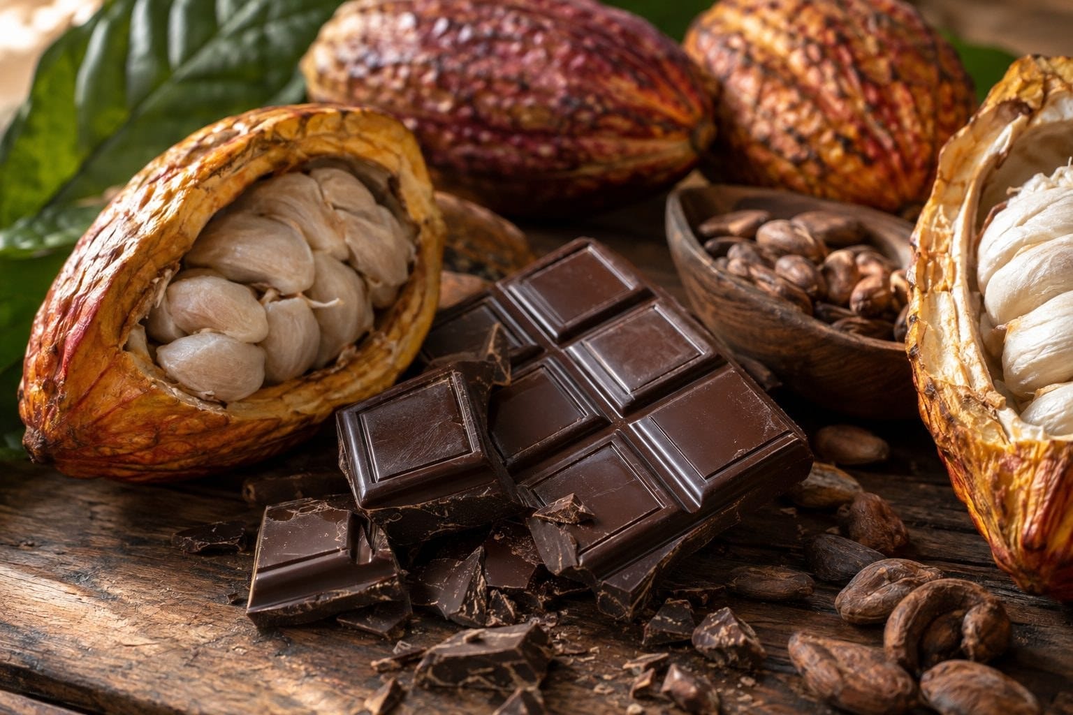 Tablette de chocolat noir avec f&egrave;ves de cacao fra&icirc;ches cass&eacute;es &agrave; c&ocirc;t&eacute;