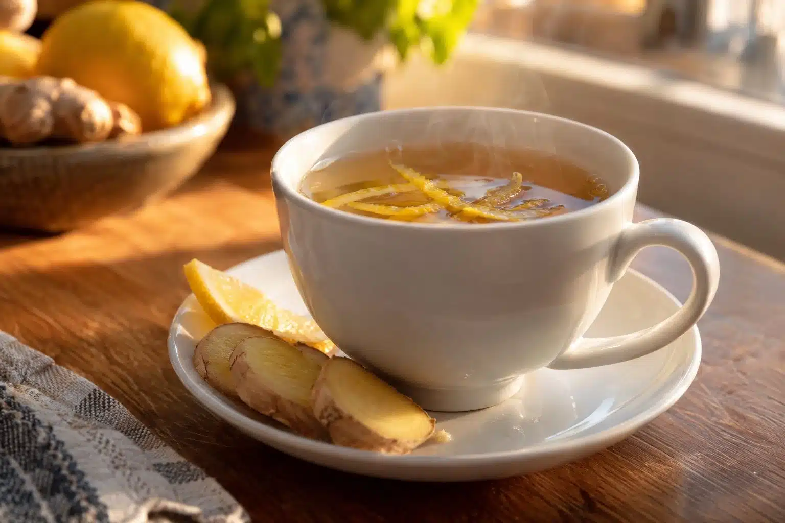 Une tasse de th&eacute; chaud avec des zestes de citron frais flottant &agrave; la surface, accompagn&eacute;e de gingembre frais tranch&eacute; sur une soucoupe en c&eacute;ramique