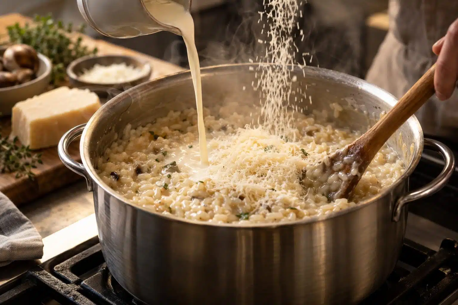 Un risotto crémeux en cours de cuisson dans une cocotte, avec du fromage râpé qu'on ajoute à la crème chaude