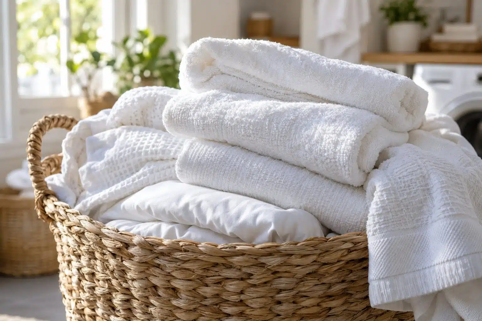 Panier à linge rempli de serviettes blanches fraîchement lavées et éclatantes de propreté