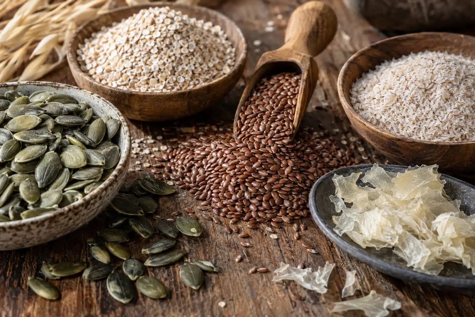 Assortiment de graines et aliments riches en fibres pour la fertilit&eacute; : graines de lin, graines de courge, son d'avoine et agar-agar en vrac