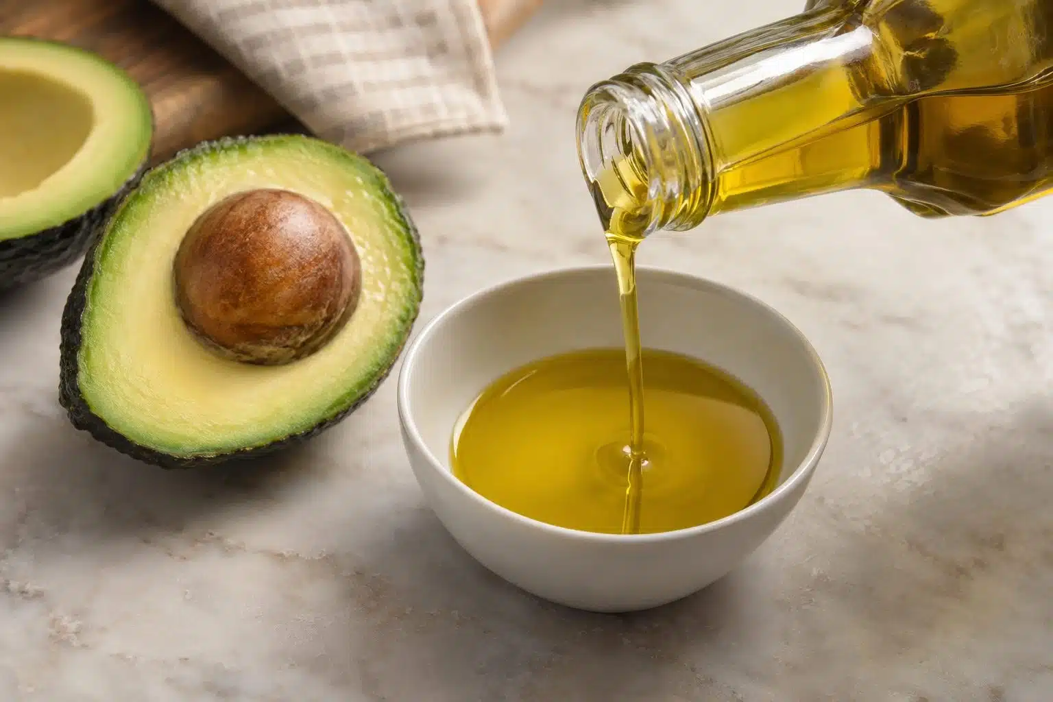 Bouteille d'huile d'avocat pure vers&eacute;e dans un bol en c&eacute;ramique blanc, avec un avocat frais coup&eacute; en deux &agrave; c&ocirc;t&eacute;