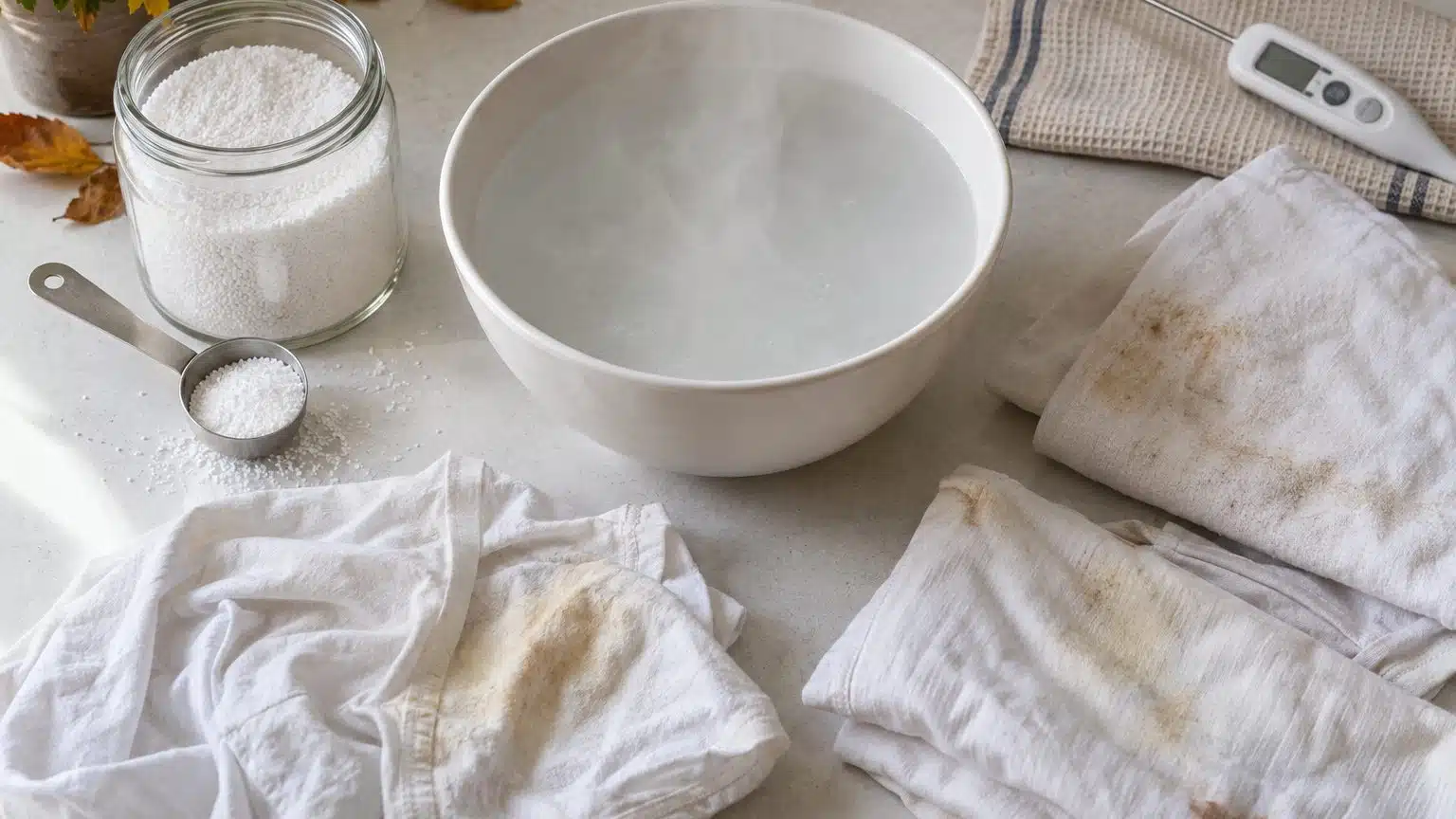 Eau de javel et percarbonate pour le blanc contre les taches : ce qu'il enl&egrave;ve, dosage et limites