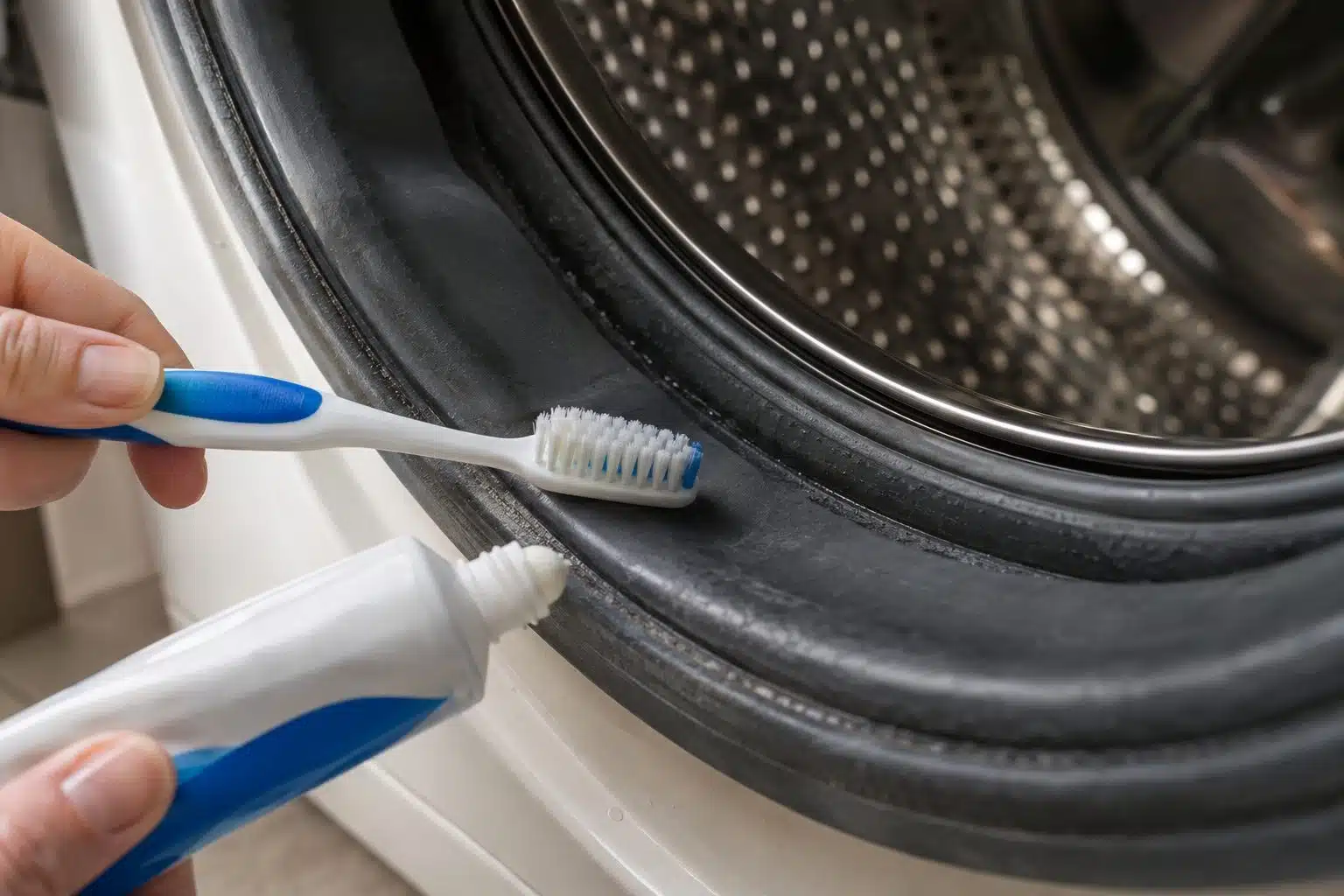 Gros plan d'une brosse &agrave; dents et d'un tube de dentifrice pos&eacute;s sur le joint en caoutchouc noir d'une machine &agrave; laver