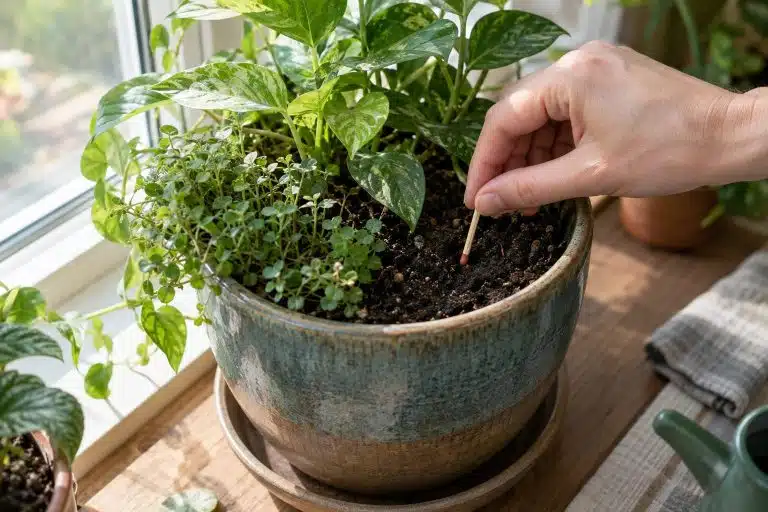 Vue d'ensemble d'une main plantant une allumette dans un pot de fleurs coloré rempli de plantes vertes en croissance