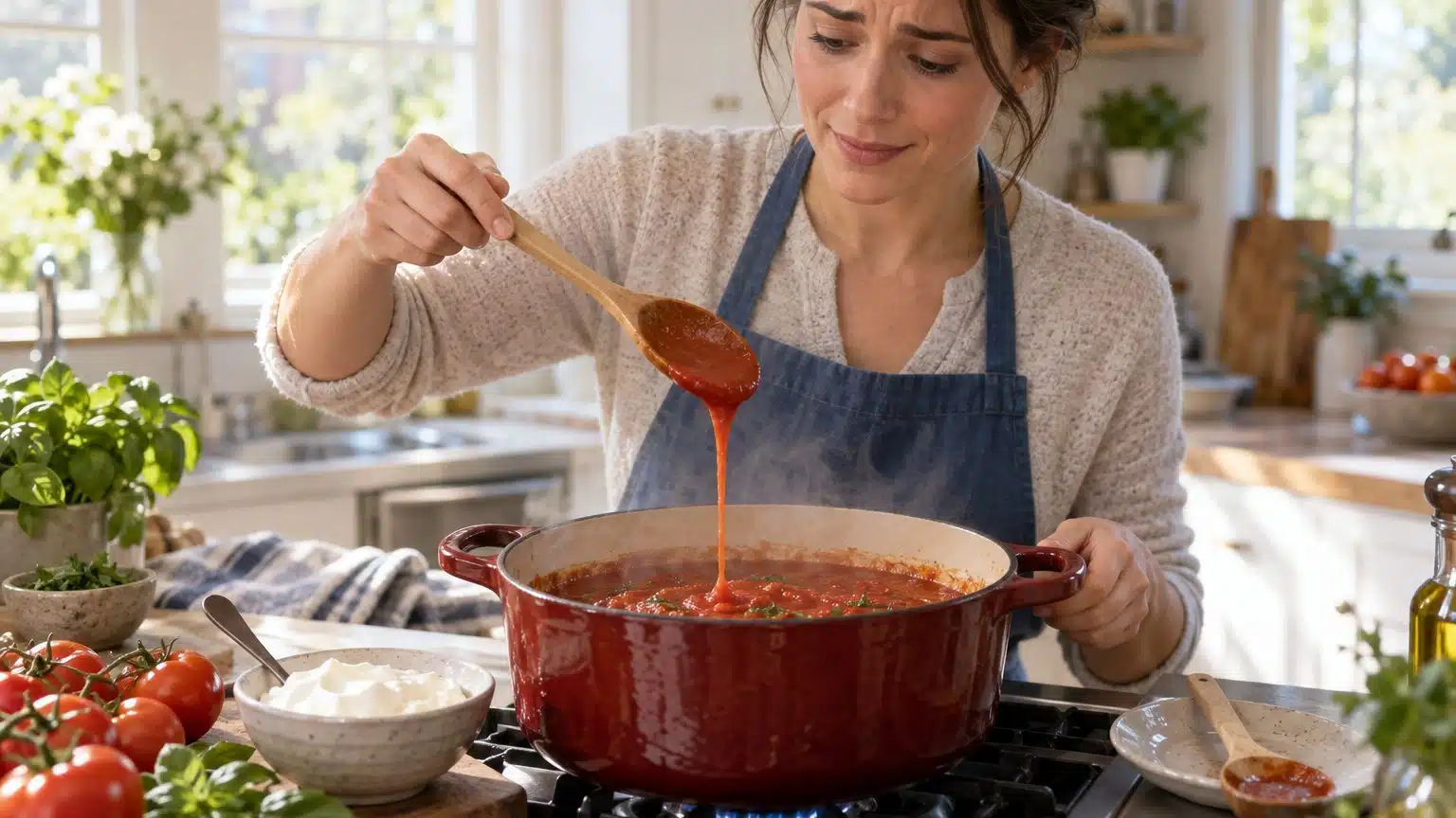 Sauce (tomate, cr&egrave;me, sauce &agrave; spaghetti) trop sal&eacute; : le geste qui marche et celui qui g&acirc;che tout