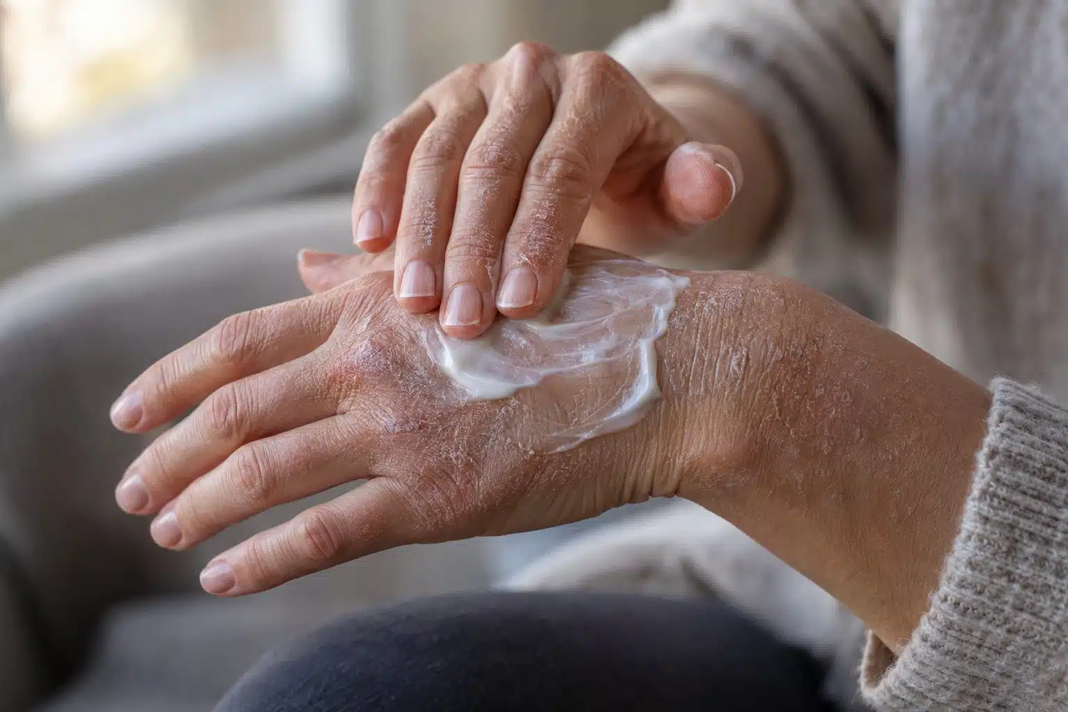 Mains tr&egrave;s s&egrave;ches recevant l'application d'une cr&egrave;me hydratante riche