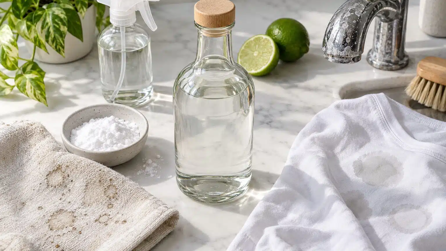 Vinaigre blanc contre les taches : ce qu'il enl&egrave;ve, dosage et limites